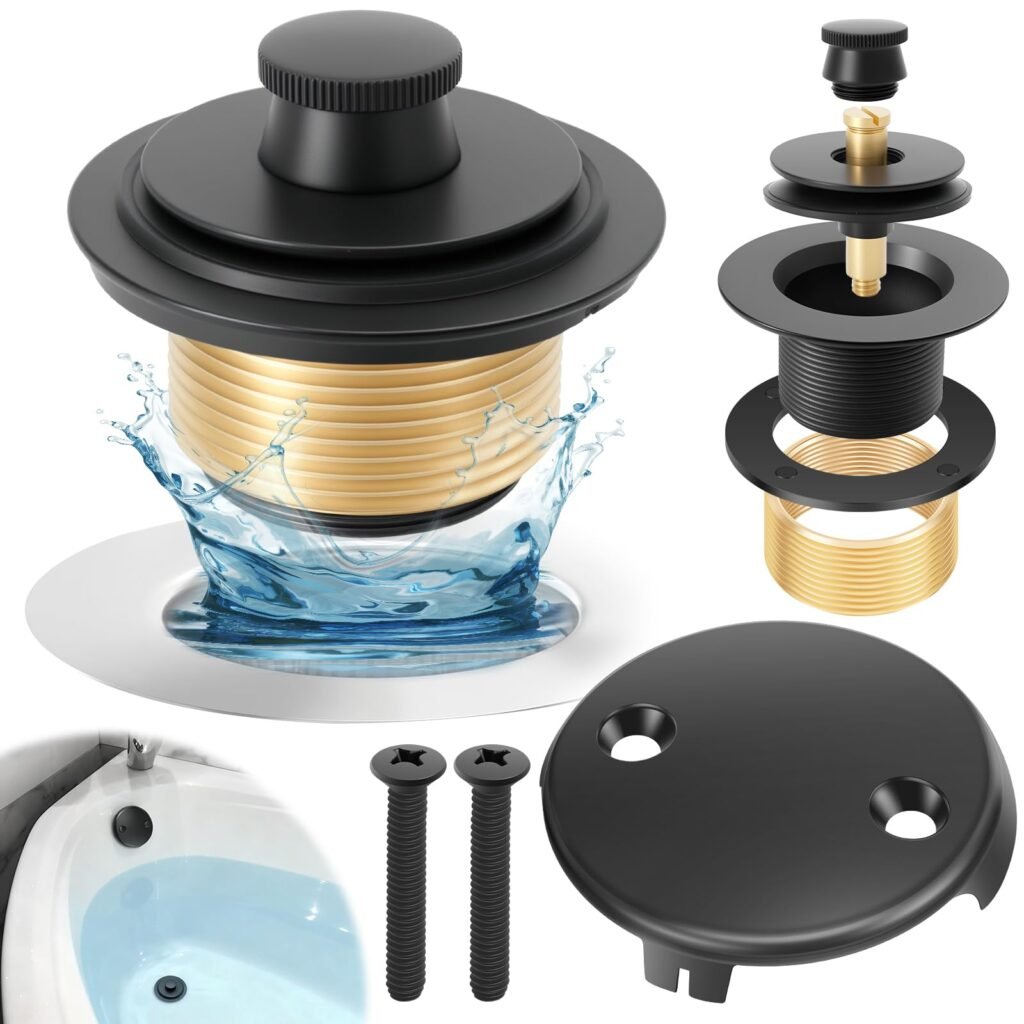 Matte Black Tub Drain Kit and Overflow Kit with Two-Hole Overflow Faceplate Tub Drains Replacement Universal Fine/Coarse Thread Bathtub Stopper