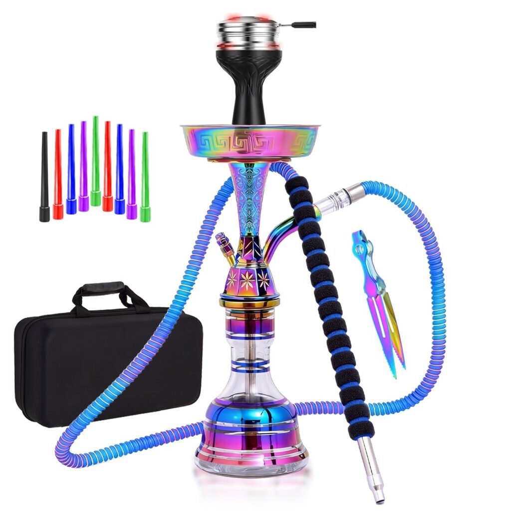Hookah Set 21'' Shisha Complete Set Egyptian With Glass Vase, Protective Carrying Case,Featuring