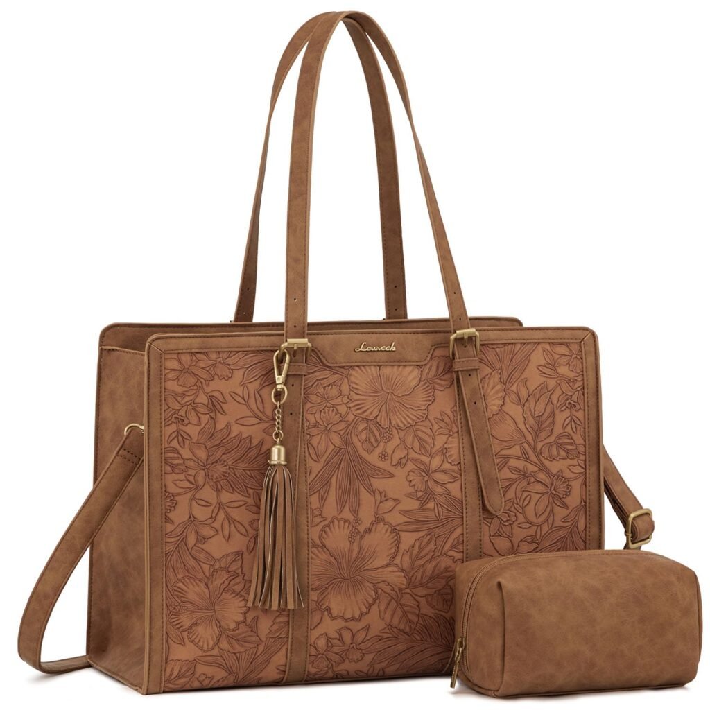 LOVEVOOK Laptop Bag for Women Vintage Leather Work Tote 15.6 inch Large Capacity Computer bag with Clutch Purse for Office, Travel, Casual
