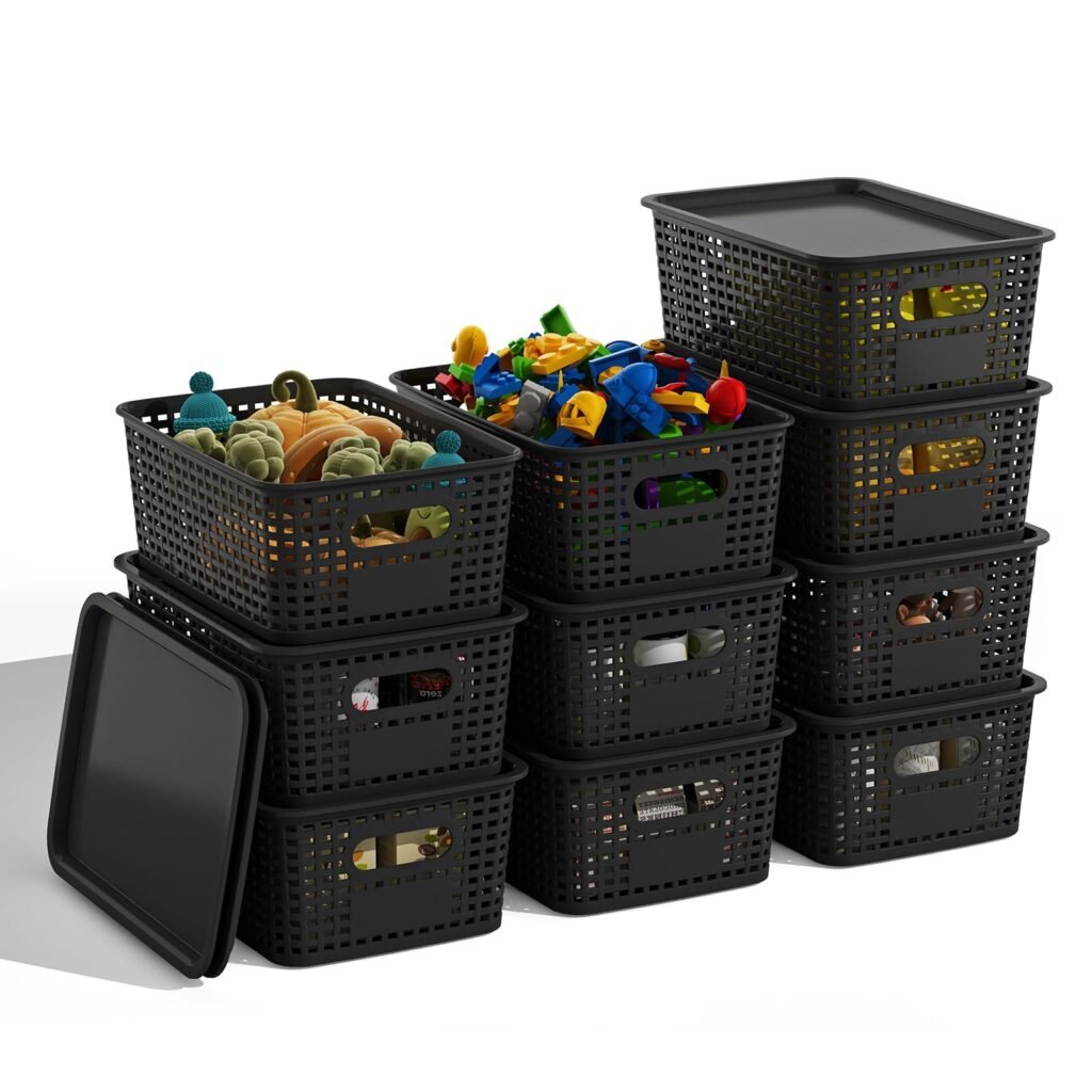 BOBIBOSS Black Plastic Storage Baskets with Lids 10 Pack Stackable Storage Bins Containers for