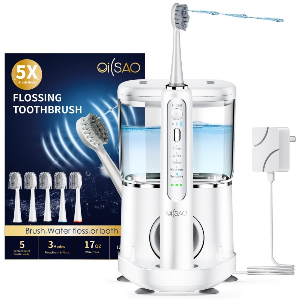 Electric Toothbrush with Water Flosser, Advanced 2.0 Flossing Toothbrush Combo in One with 5 Replacement Heads - 5 Brush Modes & 3 Floss Speeds, for Teeth, Gums, Braces, Dental Care,White