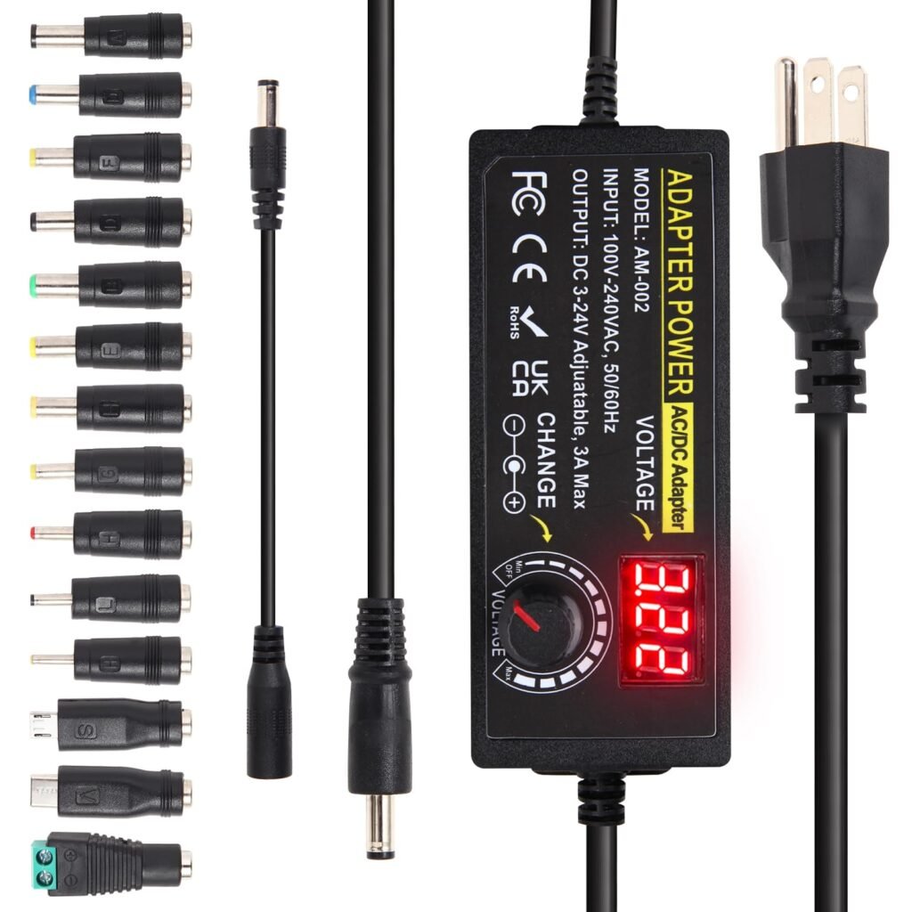 AOYADAISU 3V ~ 24V 3A 72W Power Supply Adjustable 3V 5V 6V 9V 12V 15V 16V 18V 19V 20V 24V Universal VariableAC/DC Adapter 100V-240V AC to DC Converter with 14 Tips for LED Strip Light Speaker Router
