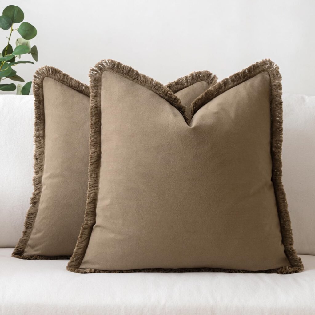 MIULEE Throw Pillow Covers Boho Farmhouse 20x20 Set of 2 Decorative Brown Couch with Fringe Chic Cotton Pillowcases Home Decor Accents for Cushion Soft Bed Living Room