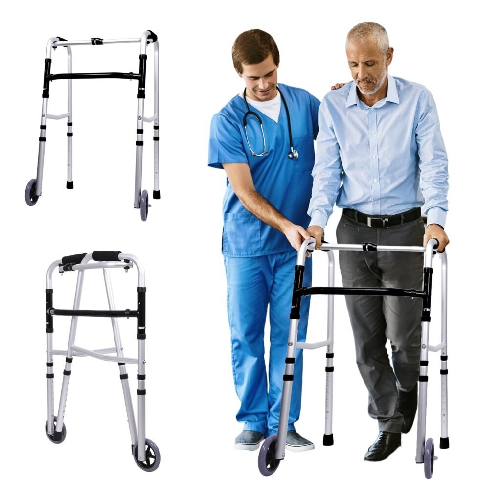 Lvyeyung Aluminum Walker for Seniors with Wheels, Lightweight Folding Walkers for Adult, Rolling Walker Frame, Mobility Aid for Elderly, Adjustable Height, Supports up to 200 lbs