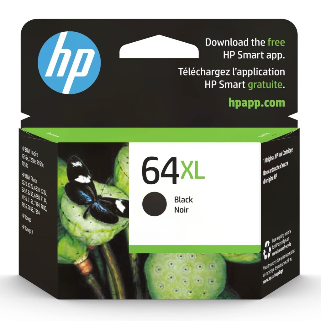 HP 64XL Black High-Yield Ink Cartridge Printers | Works with Printer Series: Envy Inspire 7950e; Envy Photo 6200, 7100, 7800; Tango | Eligible for Instant Ink | N9J92AN