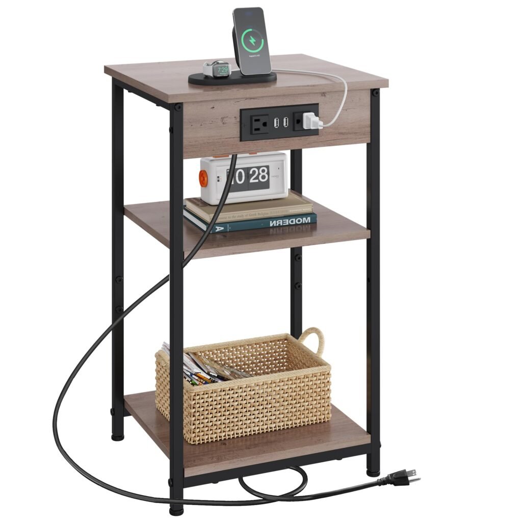WLIVE End Table with Charging Station, Small Night Stand with 3 Storage Shelves, Side Tables for Small Spaces, Bedside Tables for Living Room, Bedroom, Grey