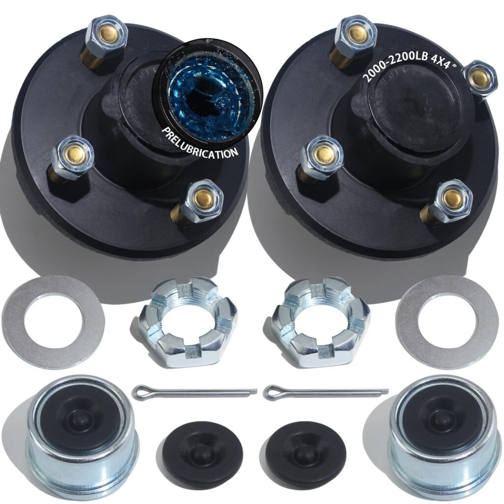 iBroPrat 2 Sets Trailer Hub Kit 4 Bolt 4, Trailer Axle Kit for 2000 lb 4 Lug Pre-Installed and Lubricated Trailer Hub Fits 1" Spindle L44643 Brearing and 1.25" I D Grease Seal with Extra Cap and Plug
