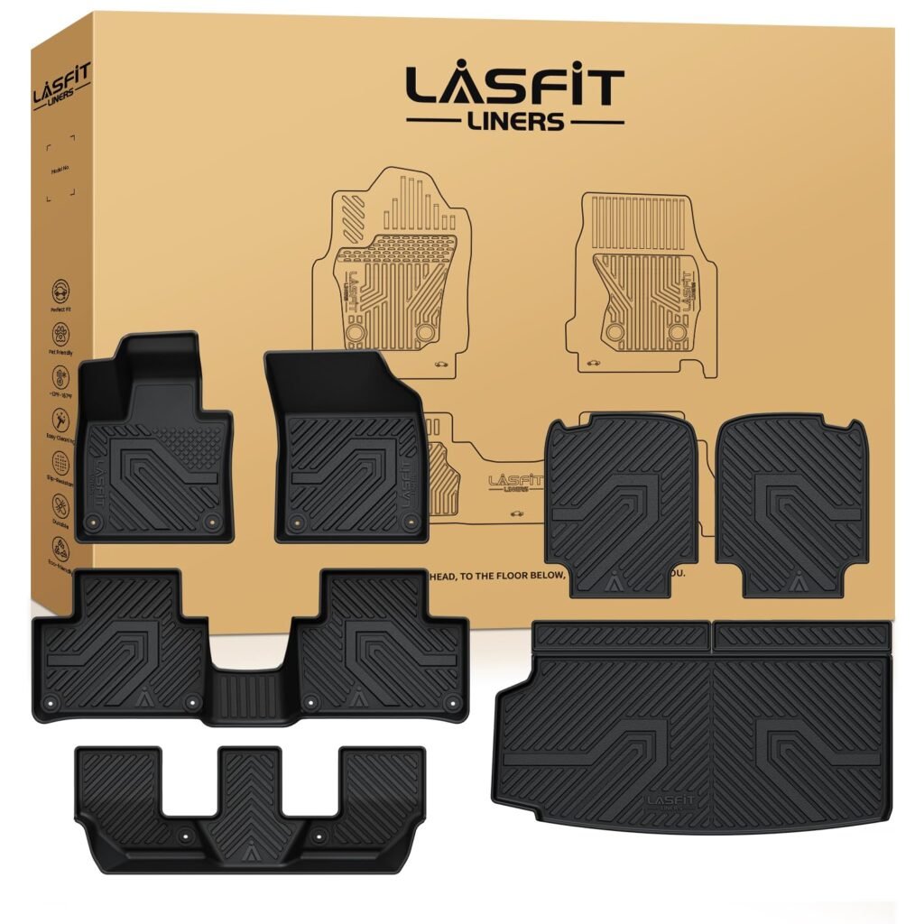 LASFIT Floor Mats & Cargo Mat & Backrest Mats for Volvo XC90 2016-2026 (Only for 7 Seats & PHEV) All Weather TPE Mats Custom Fit Floor Liner for XC90 1st & 2nd & 3rd Row Car Mats & Cargo Liner, Black