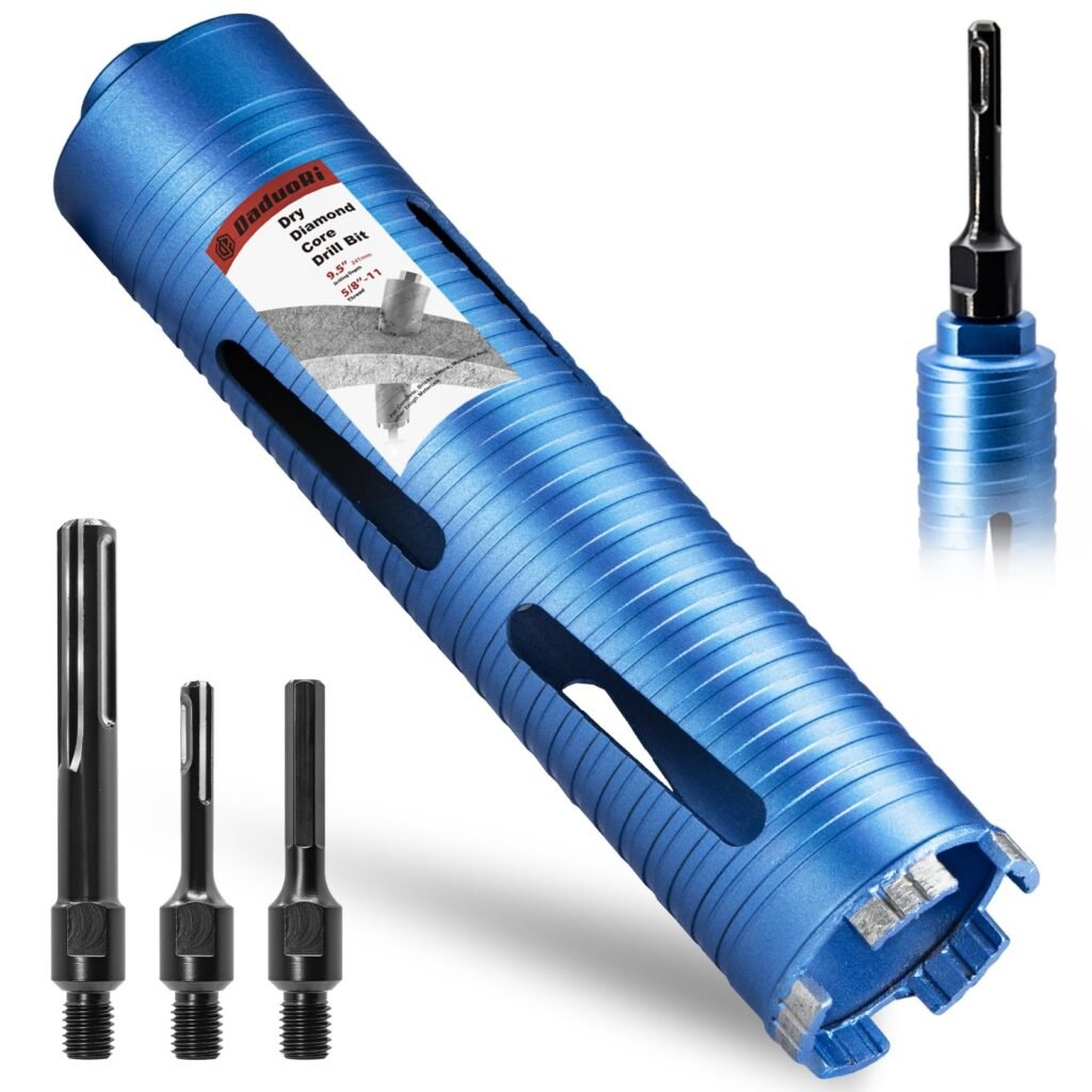 DaduoRi 2 1/2" Dry Core Drill Bit, 5/8"-11 Thread, with 3 Adapters Included: SDS Plus, SDS Max and 1/2" Hex Shank; 9.5" Drill Depth, 2.5 inch Diamond Core Bits for Brick, Block and Masonry