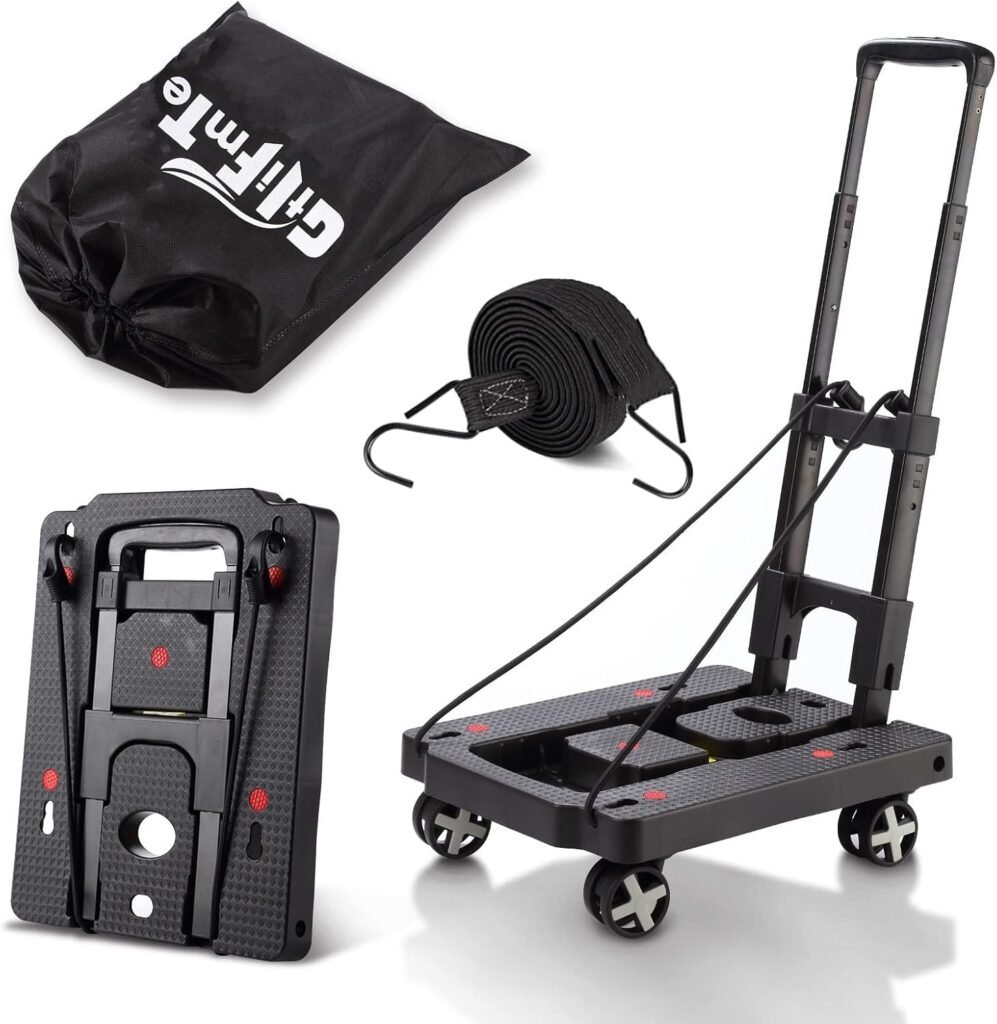 GtIiFmTe Folding Hand Truck Lightweight Hand Truck Dolly Foldable,Luggage cart with 4 Rotate Wheels, Utility Cart with Adjustable Handle,Collapsible Dolly for Moving-Black