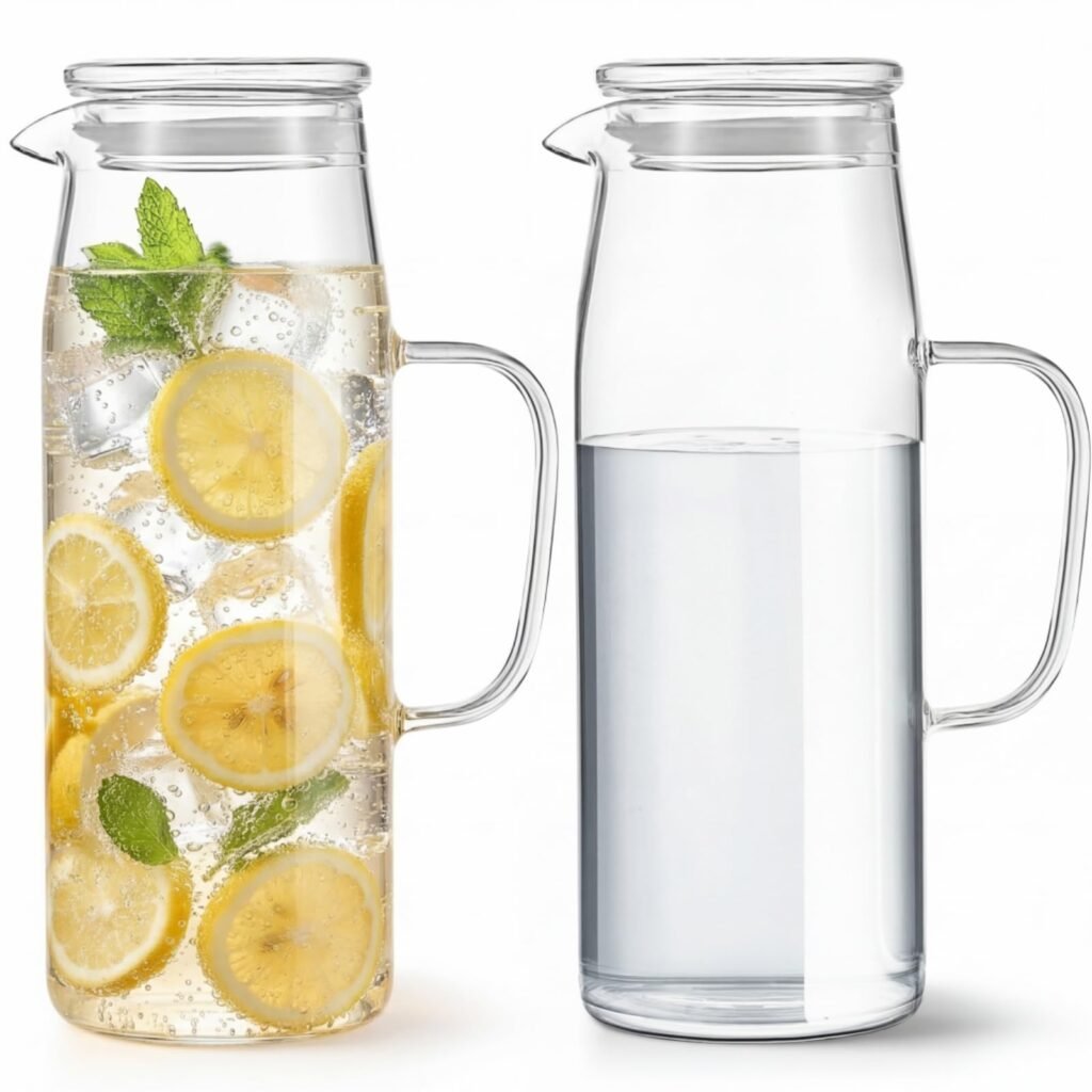 Hsei 2 Sets Glass Pitcher with Lid, 67.6 oz / 2000 ml Water Carafe with Handles Hot Cold Beverage