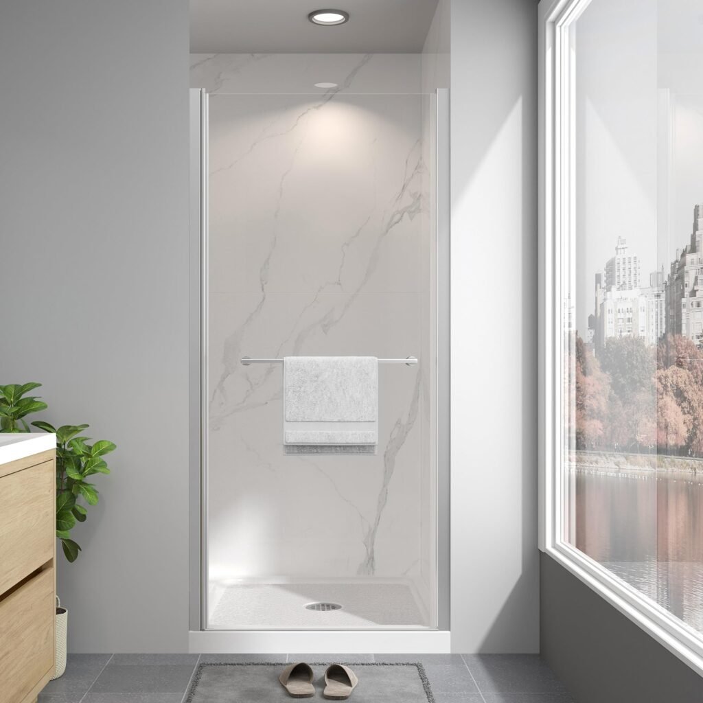 EASYWORC Frameless Pivot Shower Door 32"-34" W x 72" H, Swing Shower Glass Doors with Nano