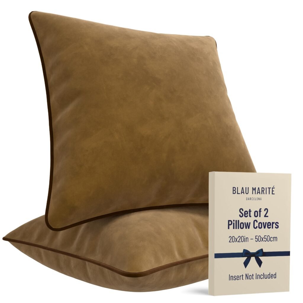 Blau Marité 2 Pack Velvet Decorative Throw Pillow Covers, 20"x20", Camel and Brown, Solid, Modern, Contrast Piping, Indoor Use, Bedroom & Living Room