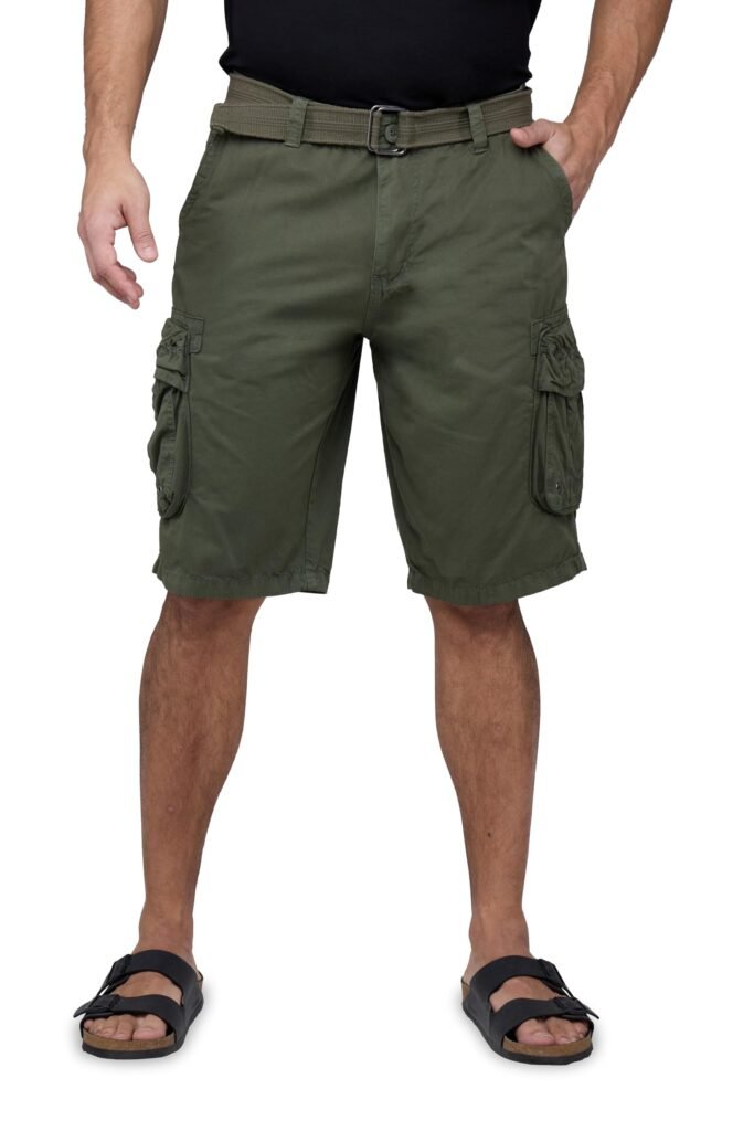 RAW X Mens Belted Cargo Shorts, Relaxed Fit Casual Knee Length Cargo Shorts for Men, Sage, 38