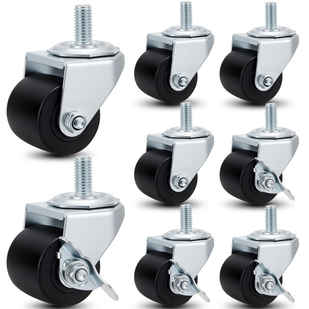 Aurelema Set of 8 2'' Low Profile Caster Wheels 1/2"-13 Threaded Stem Caster Set 4 with Brakes and 4