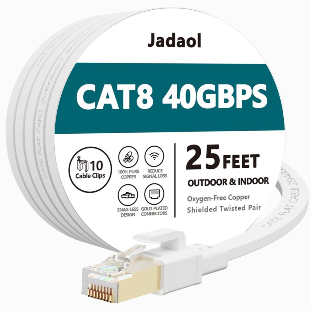 Jadaol Cat 8 Ethernet Cable 25 ft, 40Gbps 2000MHz Flat RJ45 S/FTP LAN Patch Cable, High-Speed Cat8