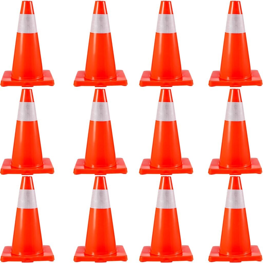 VEVOR 12Pack 18" Traffic Cones, Safety Road Parking Cones PVC Base, Orange Traffic Cone with Reflective Collars, Hazard Construction Cones for Home Traffic Parking
