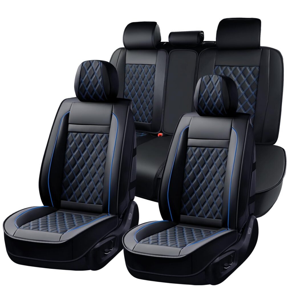 Huidasource Seat Covers Full Set, Nappa Leather Seat Cover, Hollowed-Out Side Compatible with Airbags Child Seat, Velcro Adjustable Universal Fit for Most Cars Vans Trucks SUVs (Full Set/Black?Blue)