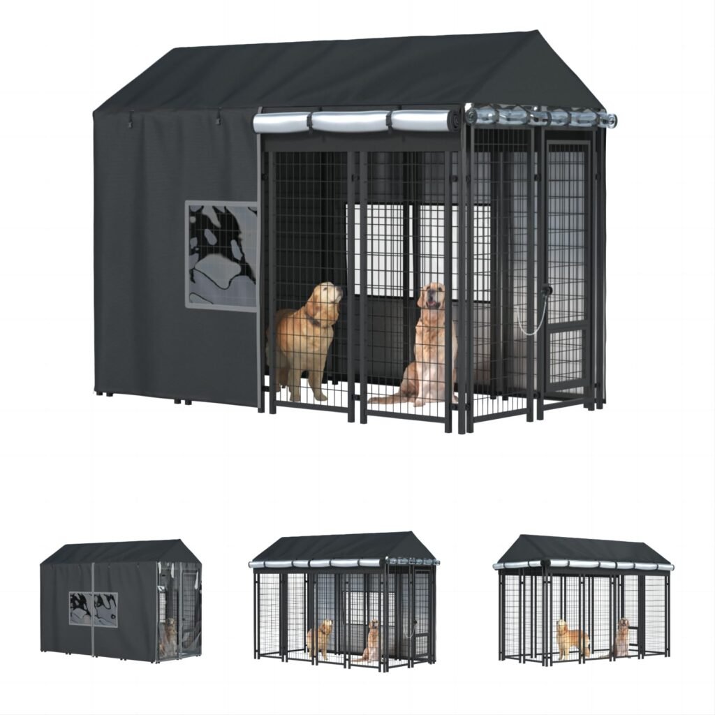 LYBOSH Outdoor Dog Kennel Cover - Full Coverage for 8'Dx4'Wx6'H Dog Cages, 600D Heavy Duty Waterproof Kennel Cover, Black