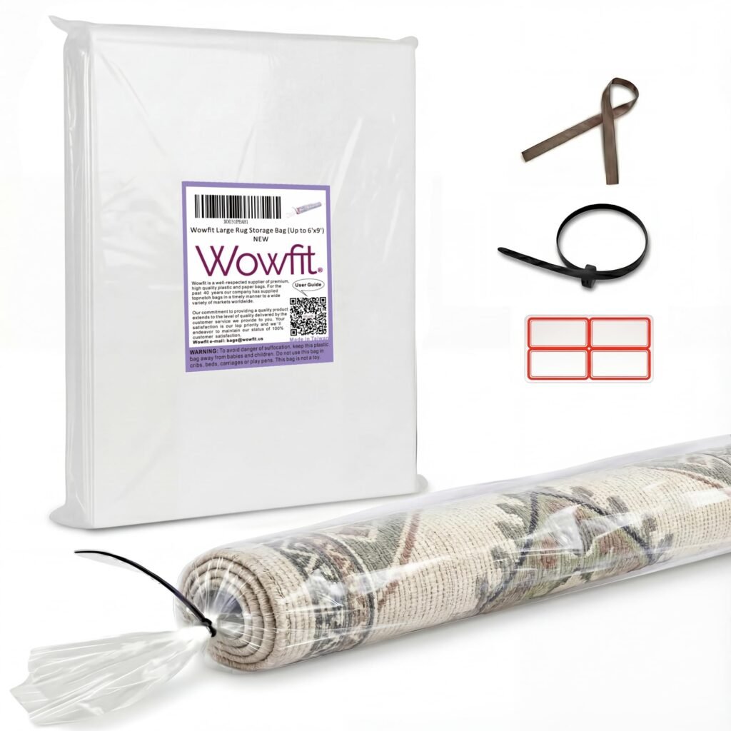 Wowfit Large Plastic Rug Storage Bag with Zip Tie, Heavy Duty Fits Rug up to 6'x9', Perfect for