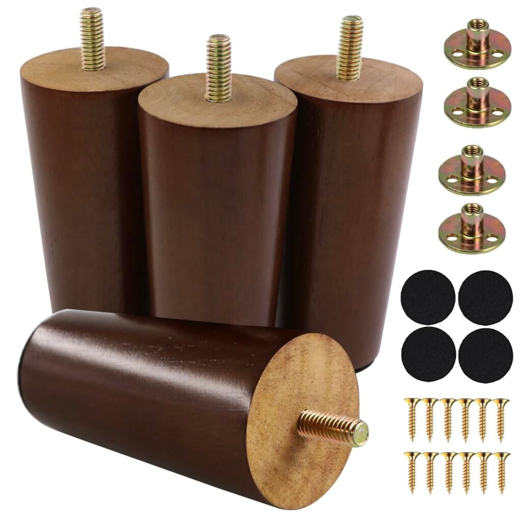 Yaliuliu 4 Inches Round Solid Wood Furniture Legs Set of 4, Brown Wooden Replacement Feet with