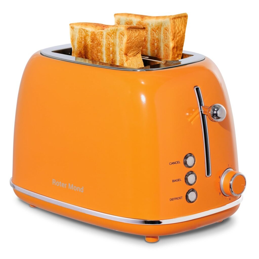 Roter Mond 2 Slice Toaster Retro Stainless Steel with Bagel, Cancel, and Defrost Functions, 6 Bread Shade Settings, Extra Wide Slots and Removable Crumb Tray, Orange