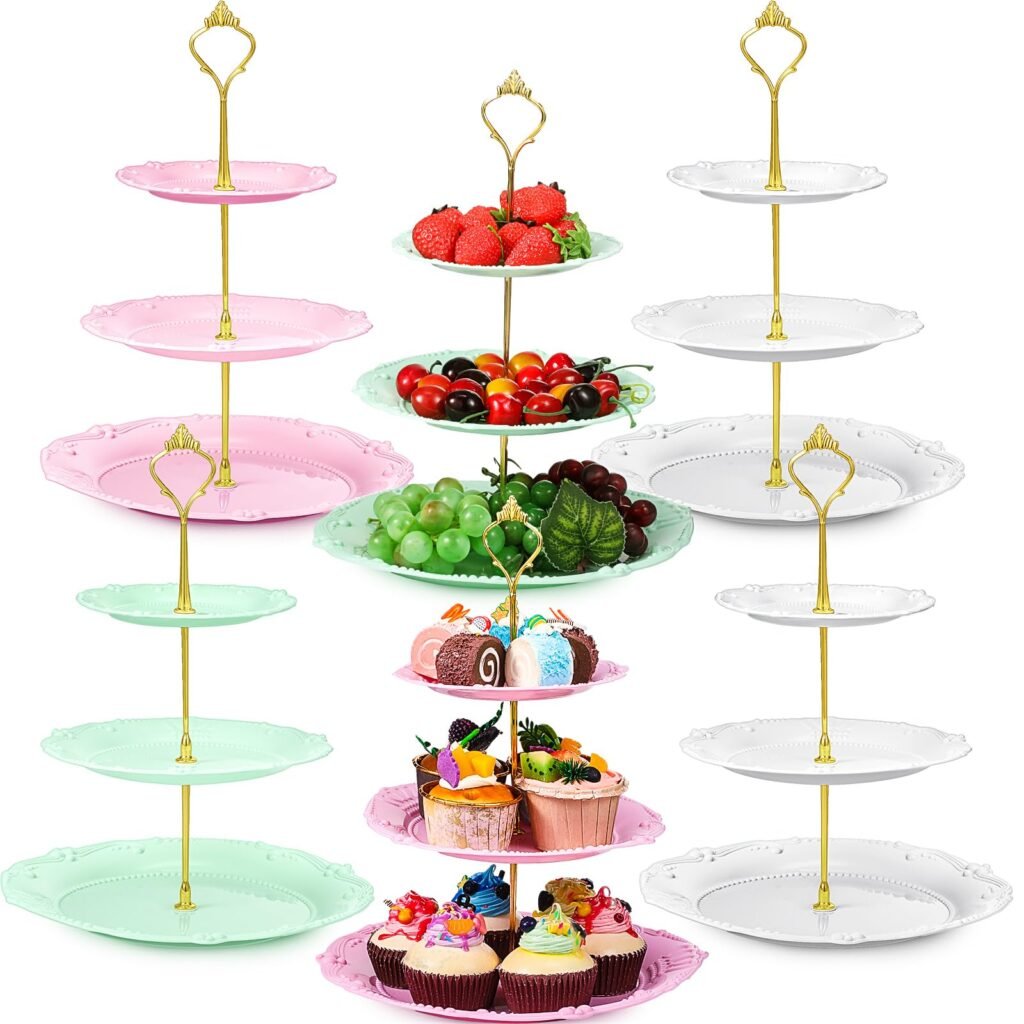 Gandeer 6 Pcs 3 Tier Cupcake Stand Tea Party Trays 3 Tier Serving Tray Plastic Dessert Stand Cake