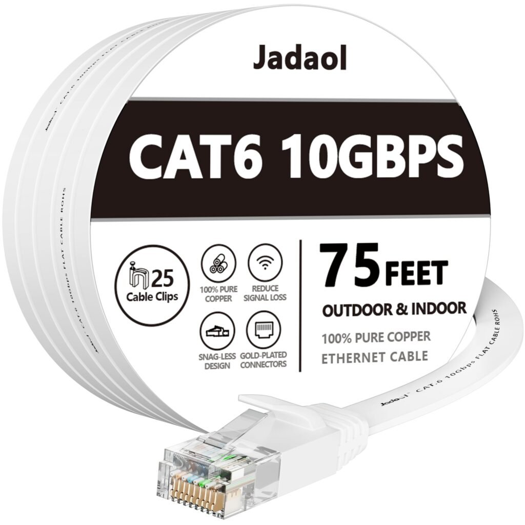 Jadaol Cat 6 Ethernet Cable 75 ft, Outdoor & Indoor 10Gbps Support Cat8 Cat7 Network, Flat RJ45 Internet LAN Computer Patch Cable for Router, Modem, Switch, Gaming Consoles, Streaming Devices, White
