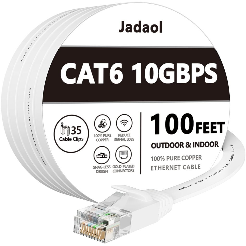 Jadaol Cat 6 Ethernet Cable 100 ft, Outdoor & Indoor 10Gbps Support Cat8 Cat7 Network, Flat RJ45 Internet LAN Computer Patch Cable for Router, Modem, Switch, Gaming Consoles, Streaming Devices, White