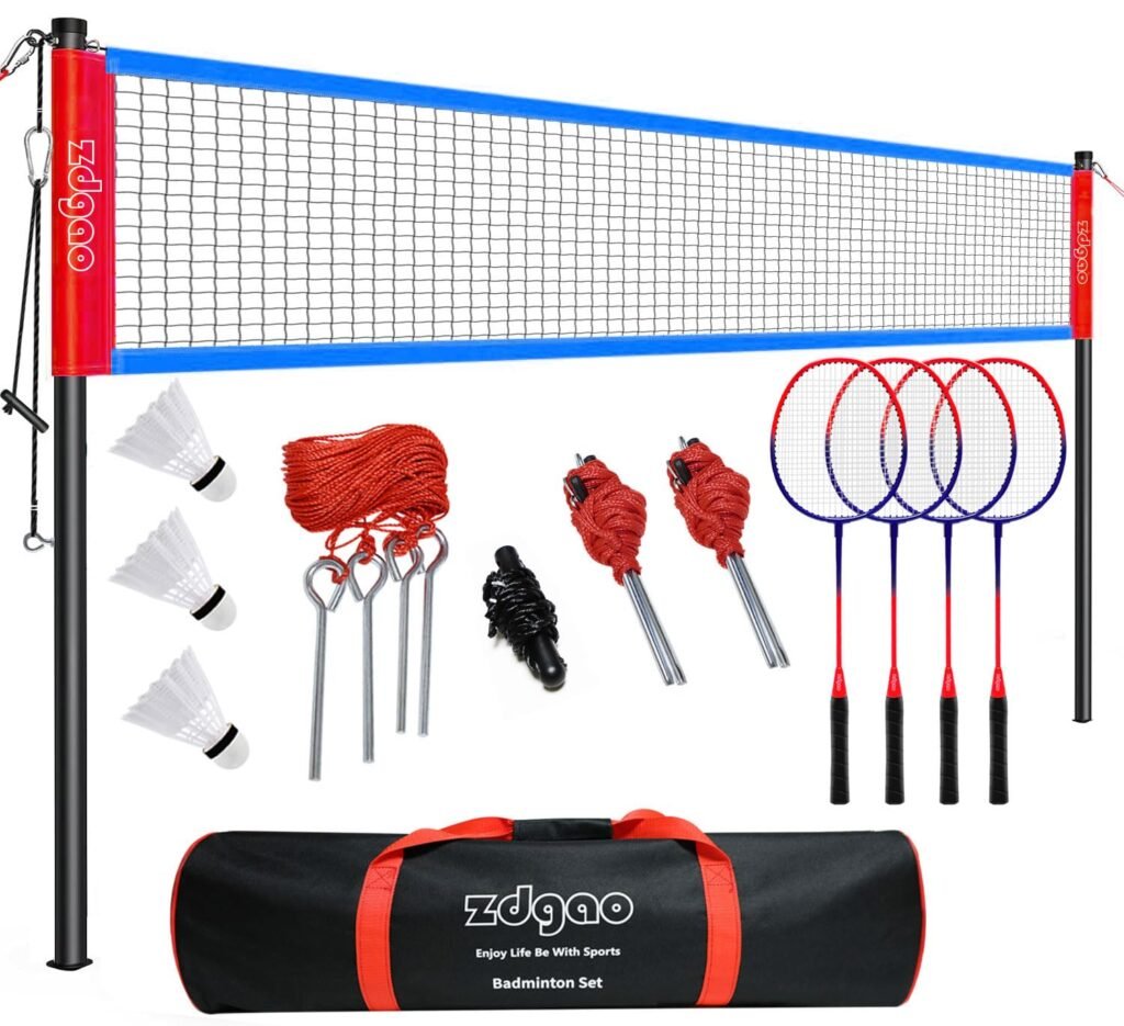 Badminton Set for Backyard, Portable Badminton Net with Tension Adjuster, Badminton Racket Set of 4,