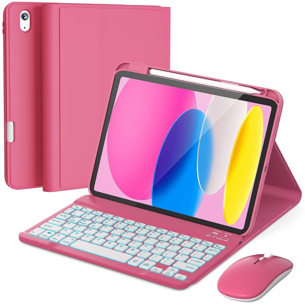 RAYMCRAFT iPad 11th/10th Gen Case with Detachable Keyboard & Mouse - Hot Pink