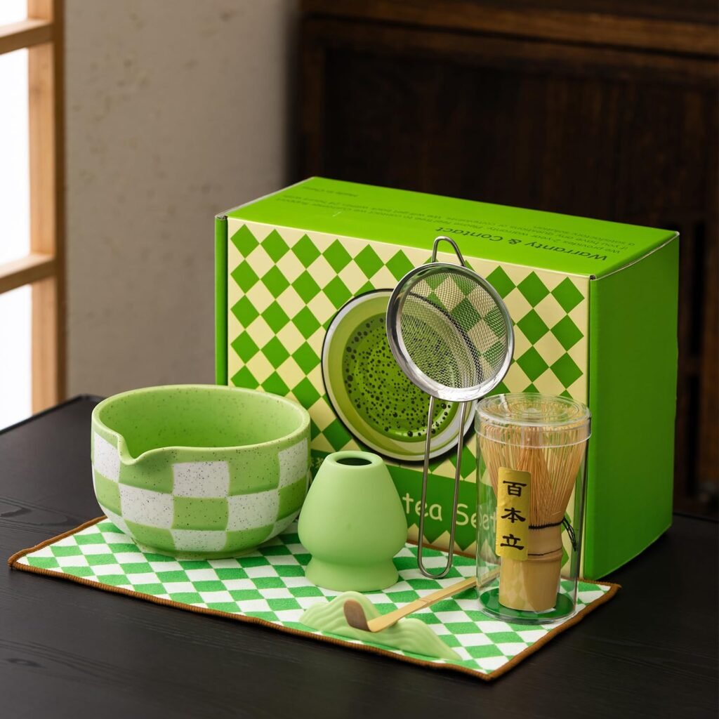 7pcs Traditional Matcha Tea Ceremony Set, green Ceramic Bowl with Bamboo Whisk, Holder and Strainer