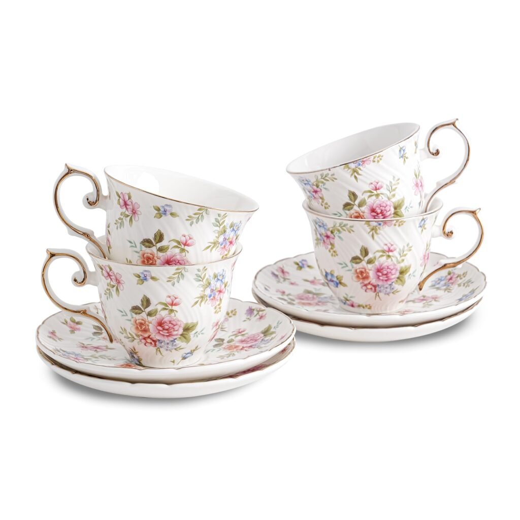 Agyiuns tea cups and saucers ceramic coffee mug 6oz for Coffee, Latte, Cafe Mocha and Tea-Set of 4,