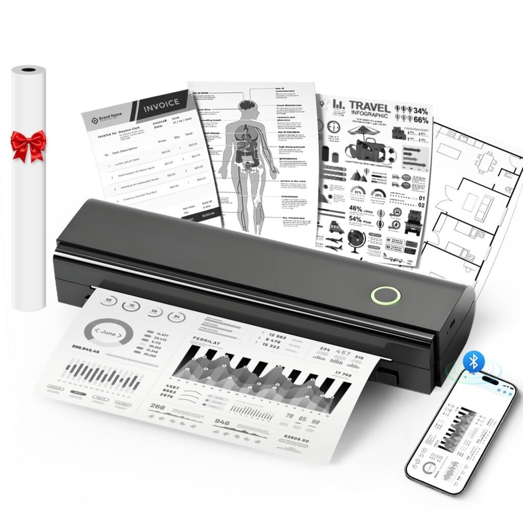 NDYIN Portable Printers Wireless for Travel, N80 Wireless Thermal Printer Bluetooth Inkless Printer