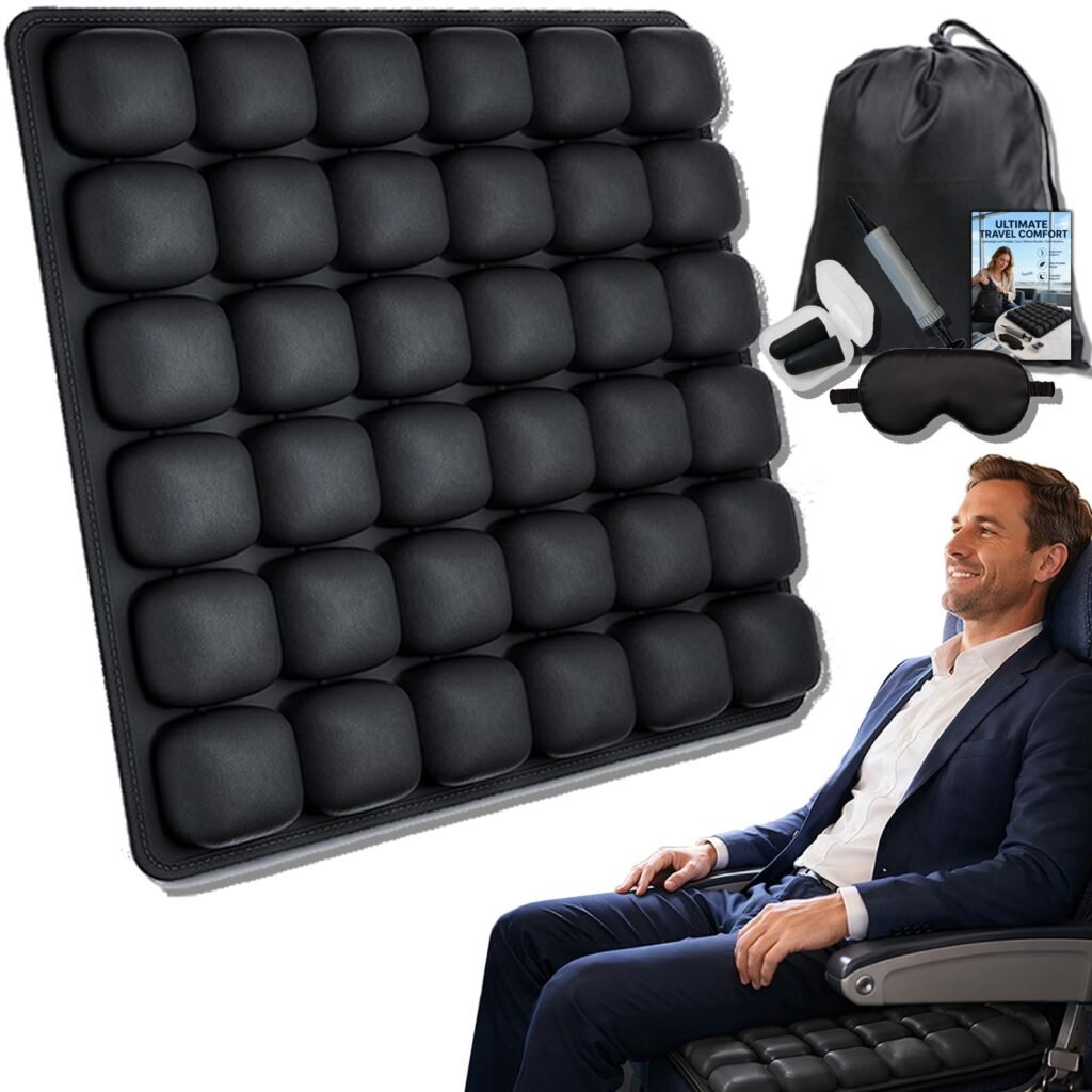Upgrade Airplane Seat Cushion with No External Air Pump, Press-Type Air Inflatable Cushion?Adjustable 3D Air Cell Support for Long Flights, Portable Adjustable Air Seat Cushion with Non-Skid Bottom