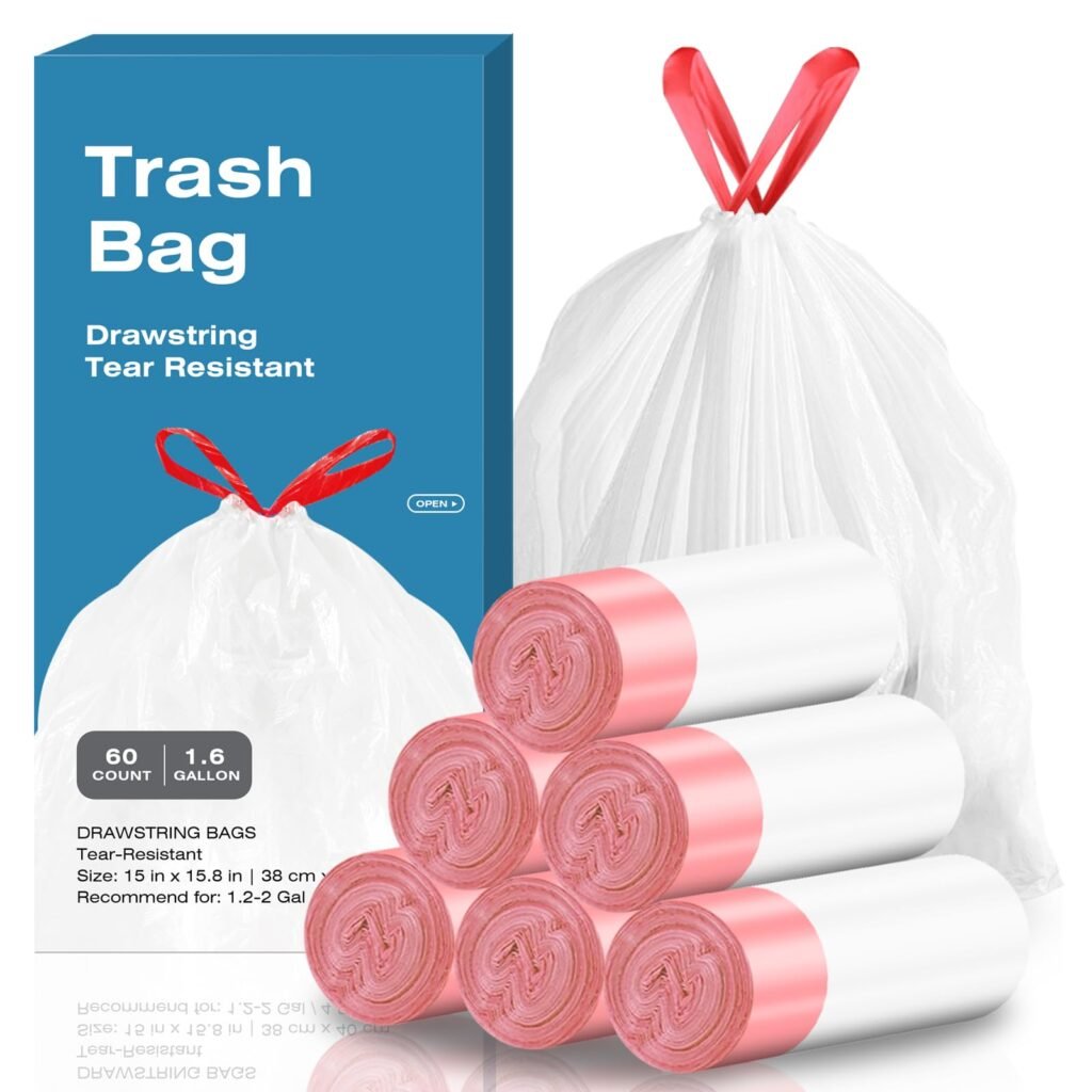 KUK 1.6 Gallon Drawstring Trash Bags - 60 Count White Small Garbage Bags, Unscented Strong Plastic
