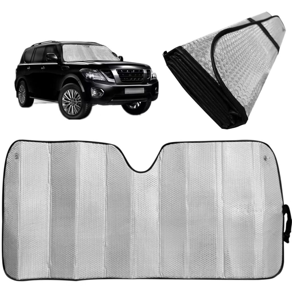GWUSKDT Car Windshield Sunshade-Thicken 5-Layer Bubble Block Heat and Sun UV Rays, Front Windshield Sun Shade- Keeps Your Vehicle Cool - 58 x 27.5 Inch … (New Silver)