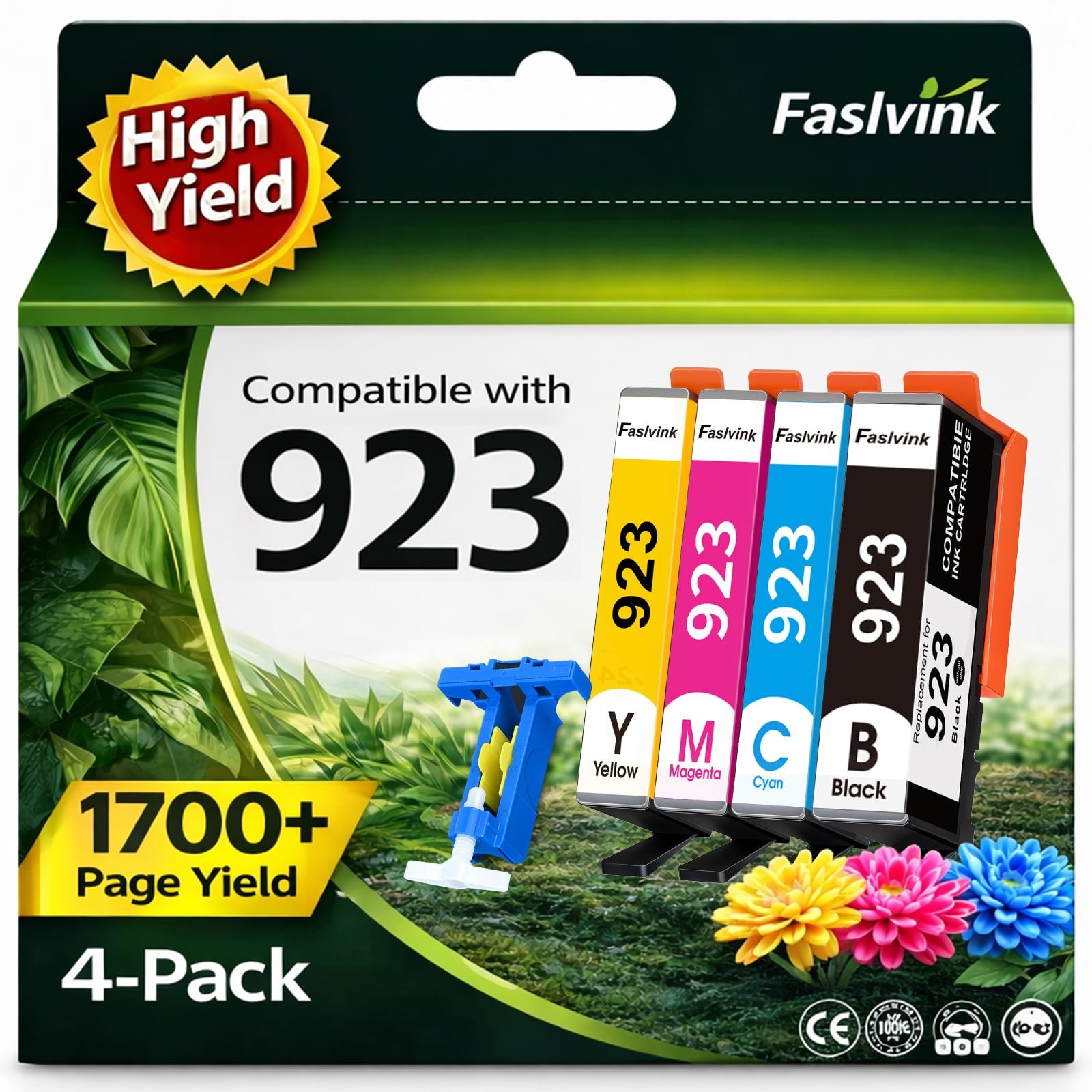 Faslvink 923 Ink Cartridges, 4-Pack, Black Cyan Magenta Yellow