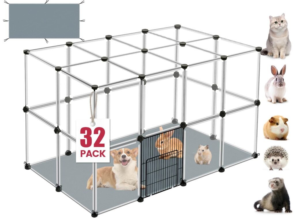 32 Panels Small Animal Playpen, 48" x 32" x 24" Transparent Playpen with Waterproof Mat,Plastic