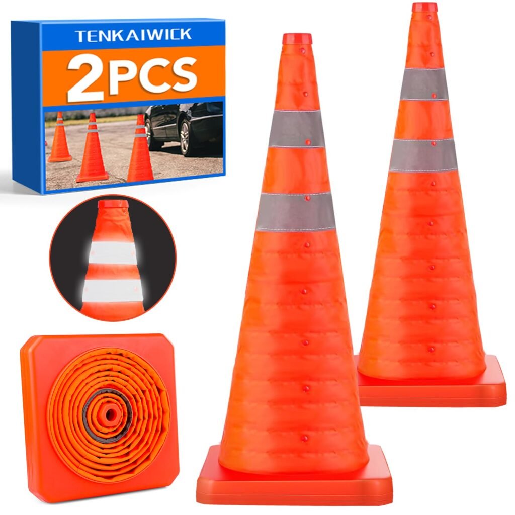 TENKAIWICK 28 Inch 2 Pack Traffic Cones, Collapsible Safety Cones, Multi Purpose Pop-up Cones with