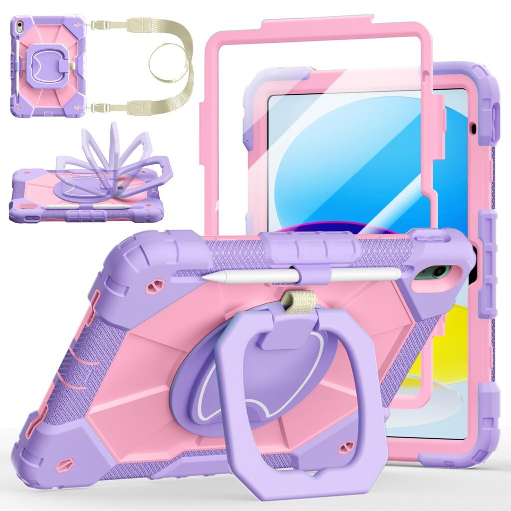 Case for iPad (A16) 11th/10th Generation 11/10.9 Inch 2025/2022, Ubearkk for iPad a16 case with Screen Protector, 360 Degree Rotating Stand Shoulder Strap Pencil Holder, Purple Pink