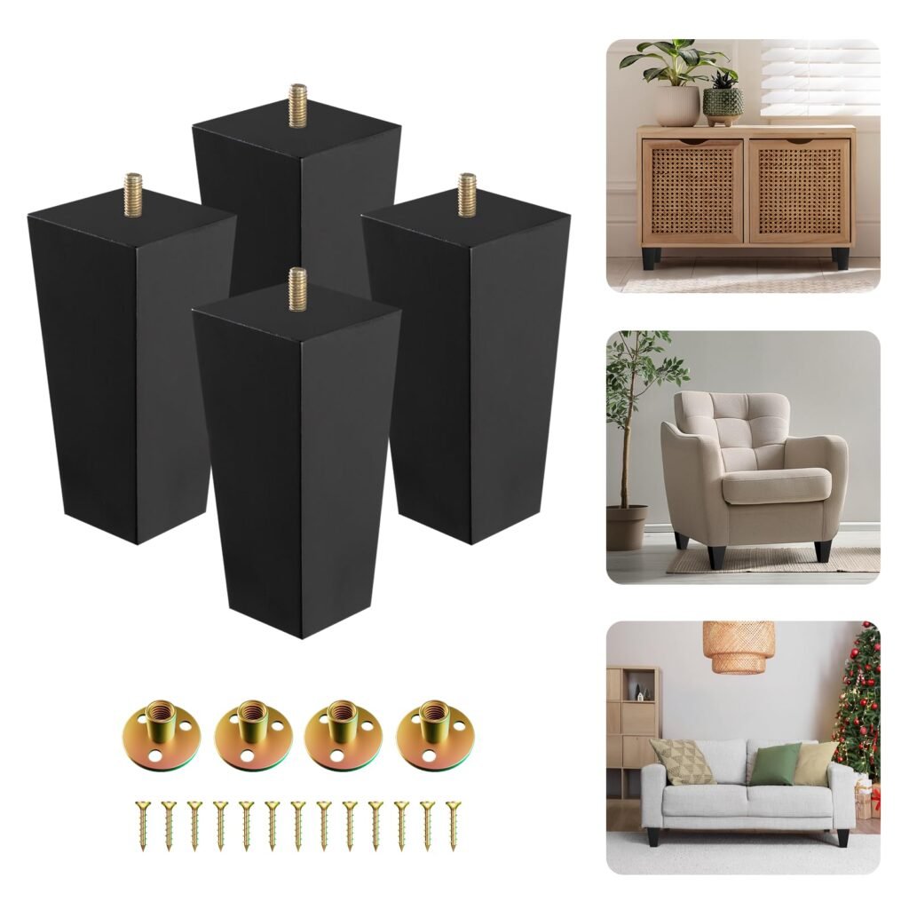 Yes4All 6-Inch Square Black Solid Wood Furniture Legs Set of 4, Heavy Duty 800 lbs Capacity, Adjustable Levelers, Replacement Furniture Legs for Couch, Sofa, Dresser, Ottoman, Chair, and Bed