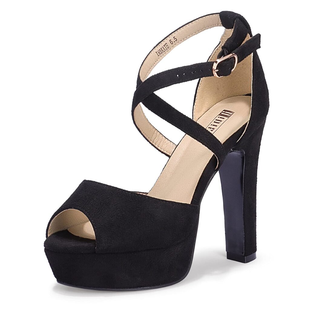 IDIFU Women's Platform Strappy Chunky High Heels Dress Sandals Peep Toe Wedding Party Evening Shoes for Women Bride (Black Suede, 6.5 M US)