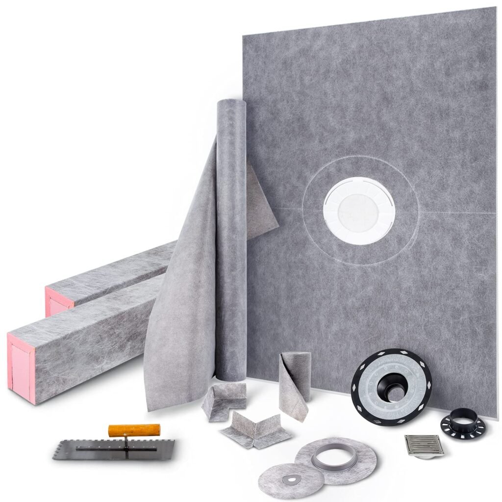 VEVOR Shower Curb Kit, 38"x60" Watertight Shower Curb Overlay with 4" ABS Central Bonding Flange, 4" Stainless Steel Grate, 2 Cuttable Shower Curb and Trowel, Shower Pan Slope Sticks Fit for Bathroom