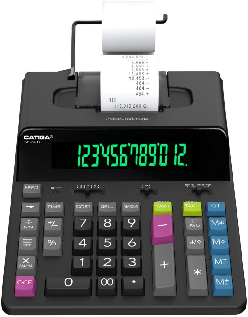CATIGA 12 Digit Thermal Printing Calculator with Tape Print Out, Ink-Free Adding Machine, 5X Faster Quite at 8.0 LPS, Extra Large Fluorescent Display, Tax Calculation with Clock and Calendar, SP-2401