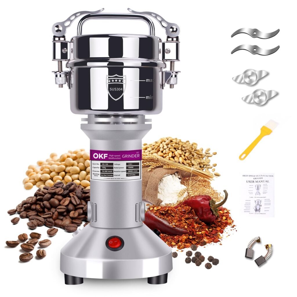 150g Grain Mill, 304 Stainless Steel Spice Grinder, 1500W High-speed Commercial Flour Mill, Superfine Flour Mill Grinder for Home, Grain Mill for Flour