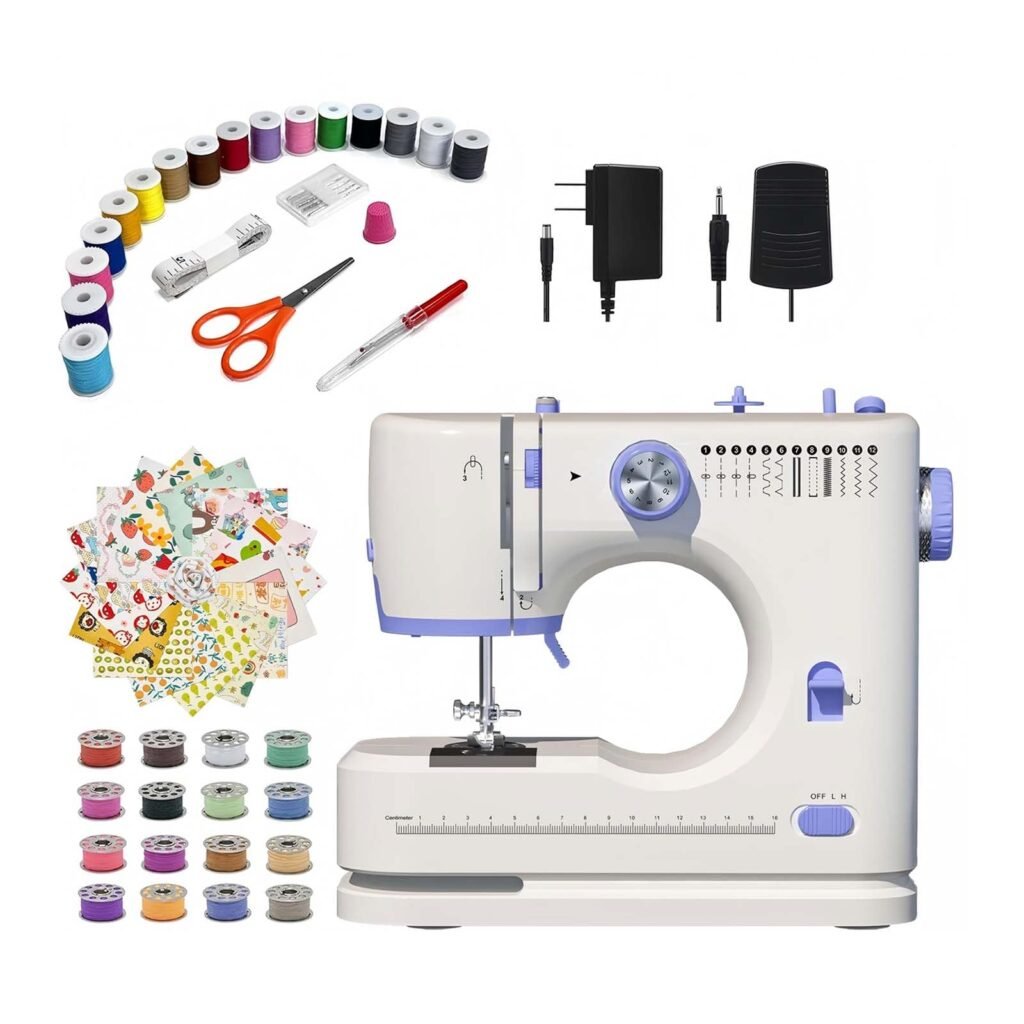 Stoigeld Portable Sewing Machine for Beginners with 20Pcs Fabric & 32Pcs Sewing Threads Kit,mini Sewing Machine with 12 Built-in Stitches & 2 Speed(High-Low Speeds)-SM-725