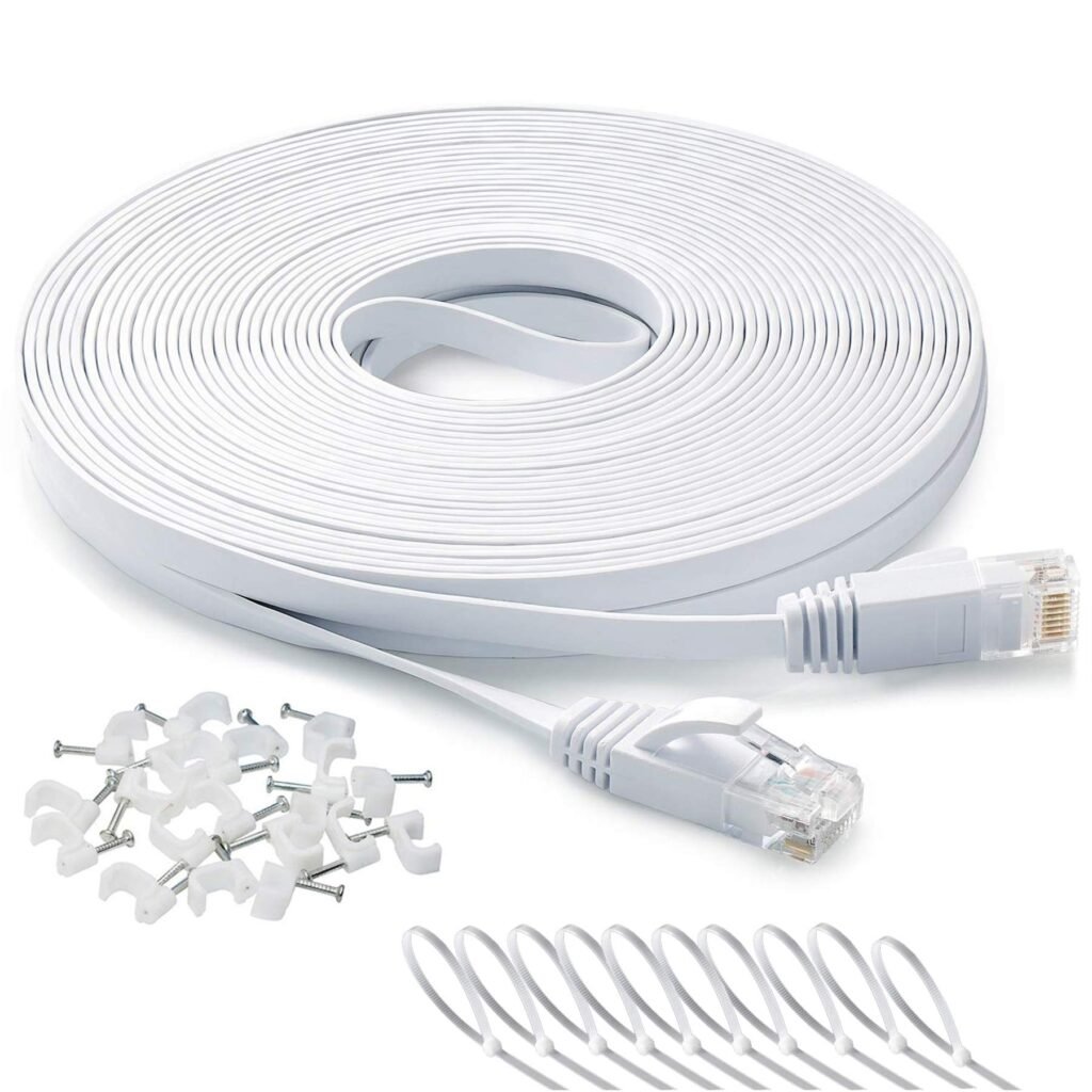 DAYEDZ Ethernet Cable 100 ft, Cat 6 Flat Cable Slim Long Cat6 High Speed Computer Network LAN Patch Cord Wire with Clips & Rj45 Connector for Router,Faster Than Cat5e/Cat5,100 Foot White