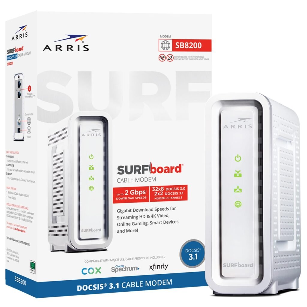 ARRIS SURFboard SB8200 DOCSIS 3.1 Multi?Gig Cable Modem | 2 -1Gbps Ethernet Ports | Works with Xfinity, Cox, Spectrum | For Cable Internet Plans up to 2Gbps | Modem Only, Router Required