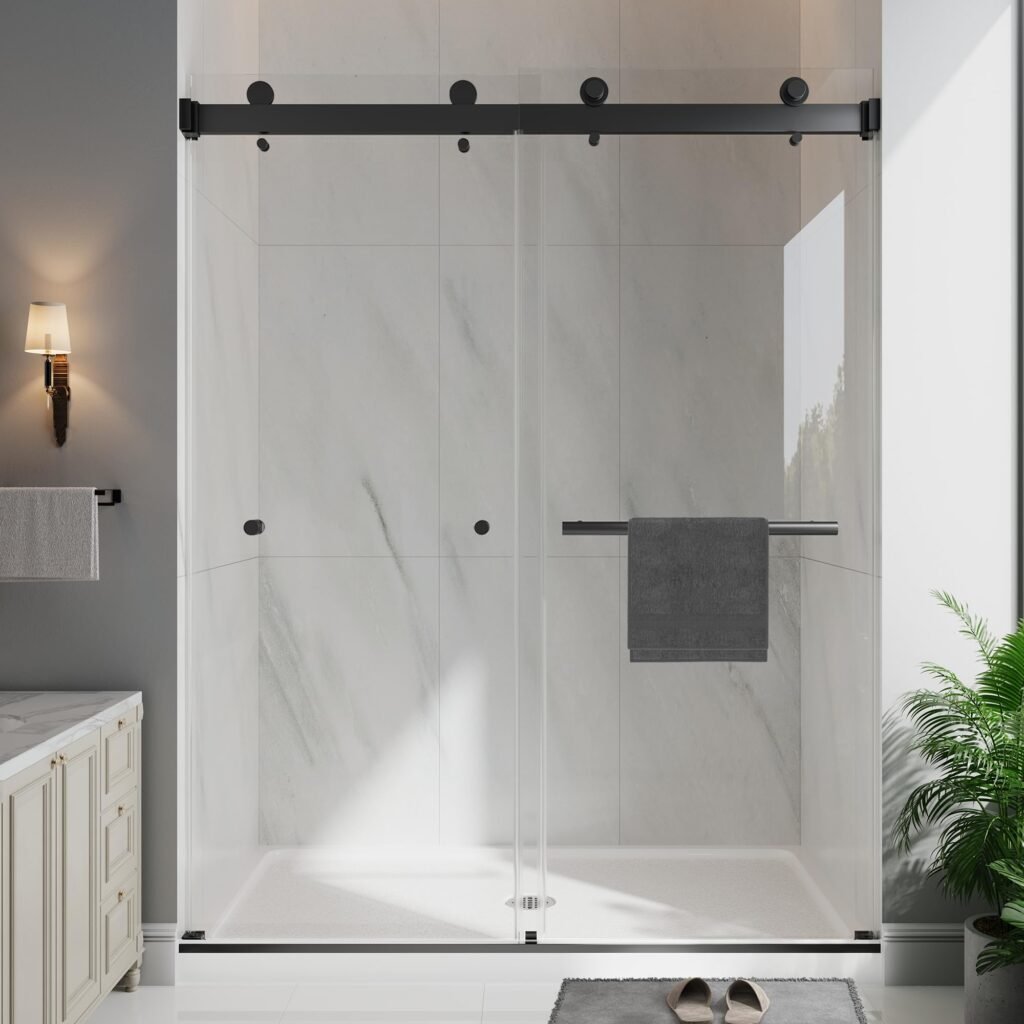 EASYWORC Frameless Double Sliding Shower Doors, 55-60" W x 76" H Shower Glass Door, 1/4" (6mm) Thick